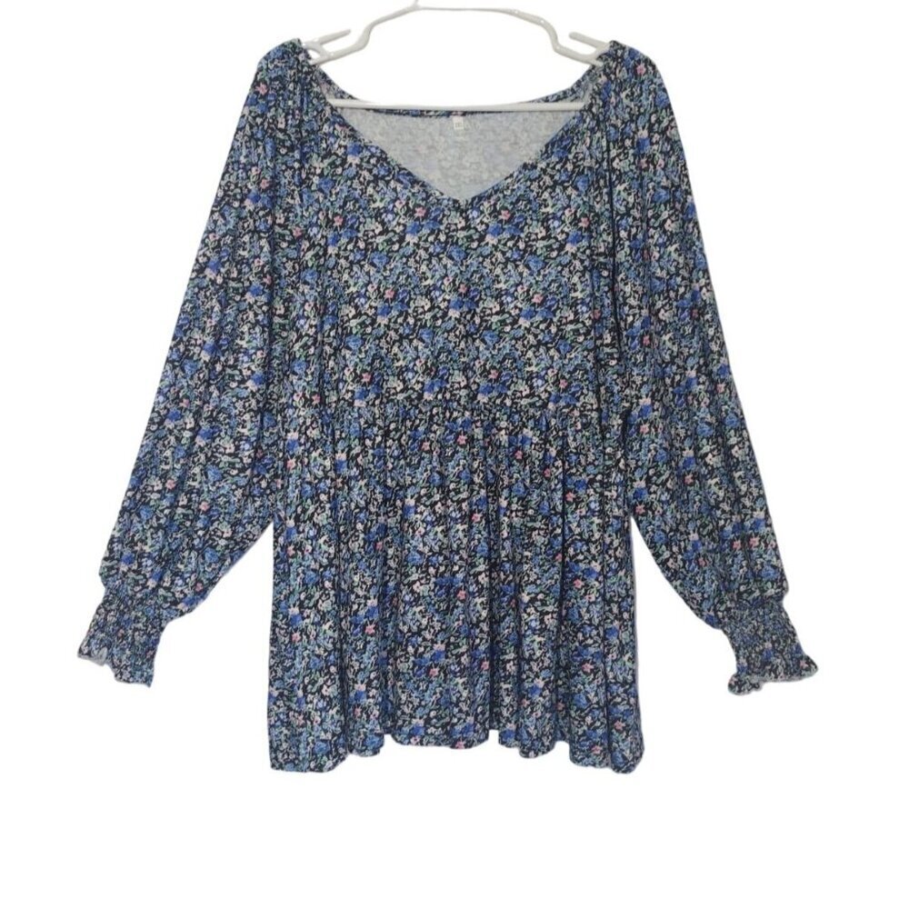 Floral Print Long Sleeve Blouse With Elastic Cuffs & Flowy Hemline, size 2XL